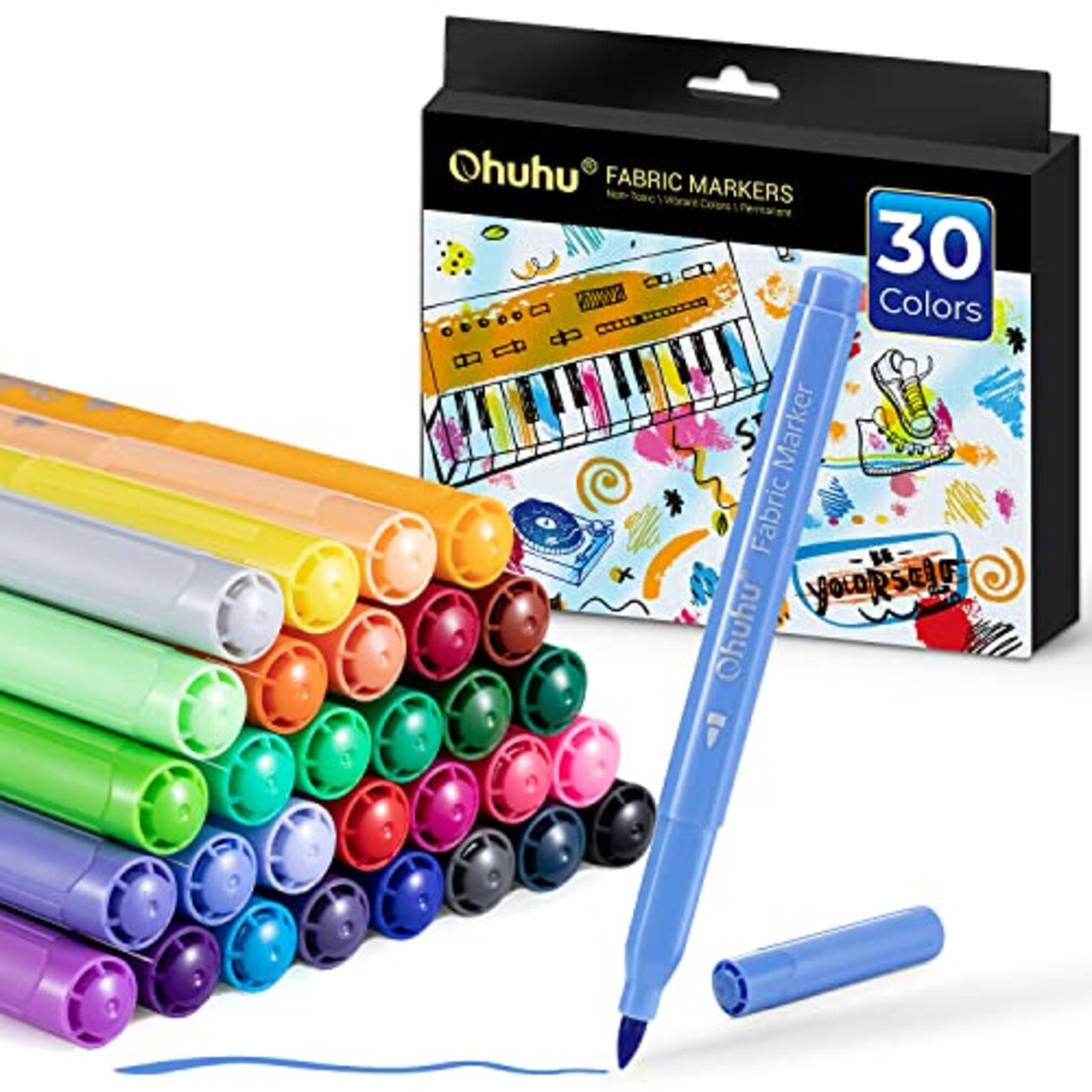 Ohuhu Fabric Markers Permanent for Clothes: 30 Colors Fine Point